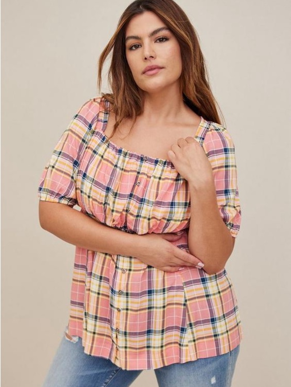 Torrid Babydoll Rayon Slub Puff Sleeve Top Plaid Peasant Blouse Plus Size 3X NWT